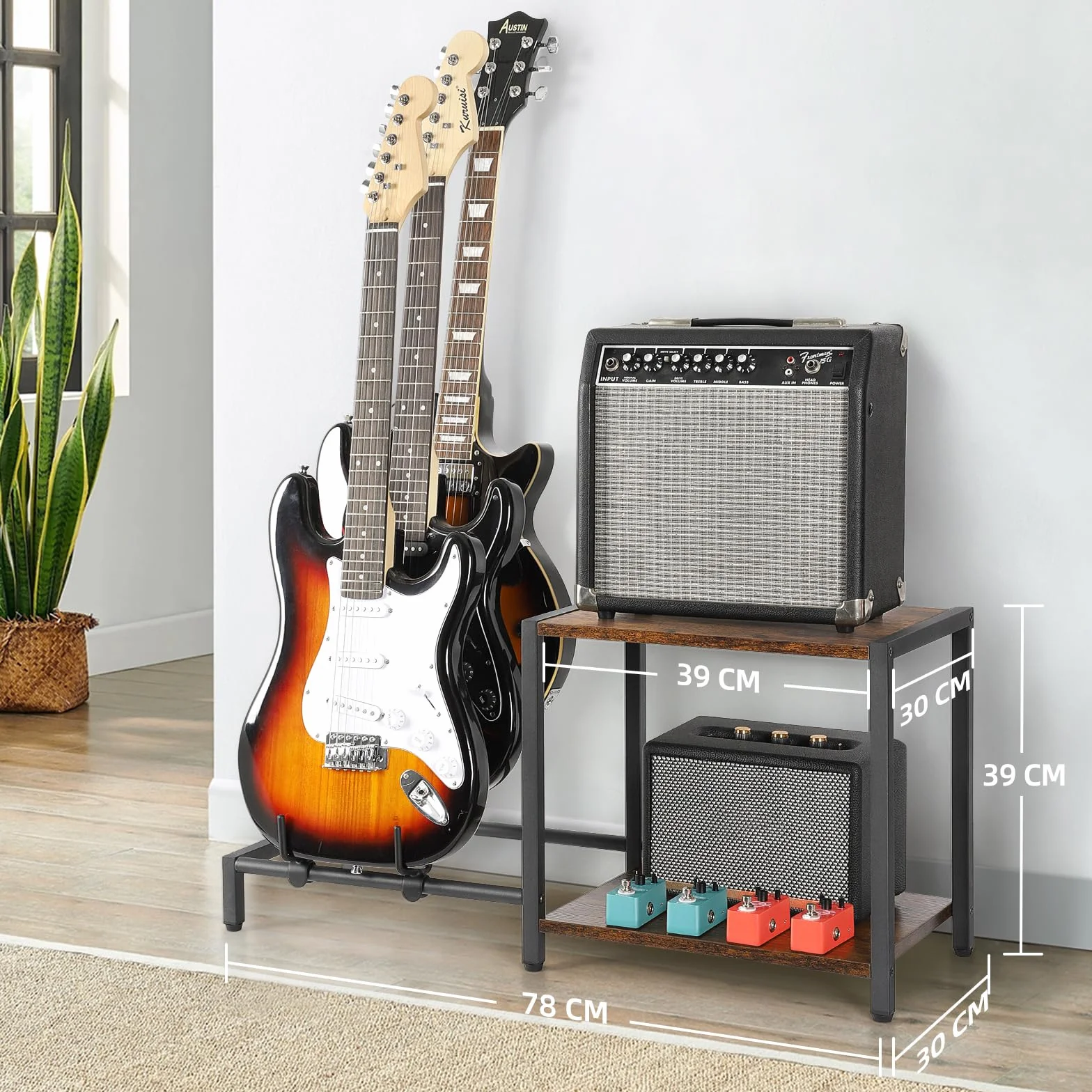 Soporte de Guitarra,Guitarra Bajo Eléctrico de 3 Soportes con Soporte de Amplificador de Guitarra, Soporte de Guitarra Ajustable, Estante de Guitarra para Múltiples Guitarras y Accesorios de Guitarra