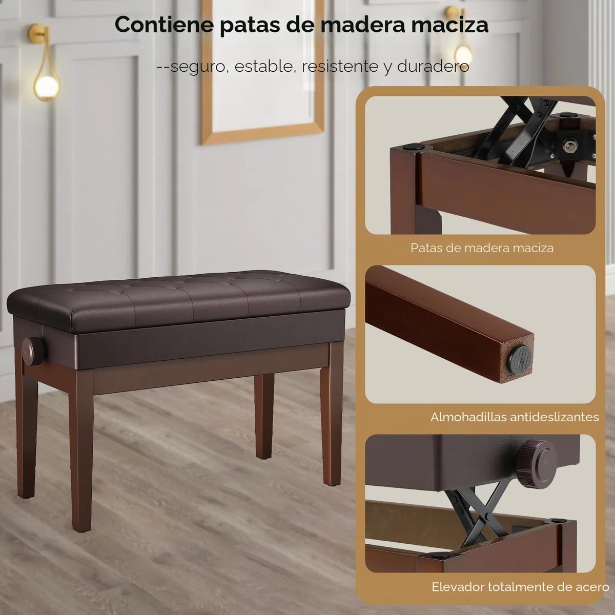 MAMIZO Banqueta Piano Regulable Altura 72x33x58CM, Banco Piano con Espacio Almacenamiento, Silla Piano, Banqueta Piano Carga Máxima 200KG, 4 PCS Patas Piano Madera Maciza, Marrón Oscuro