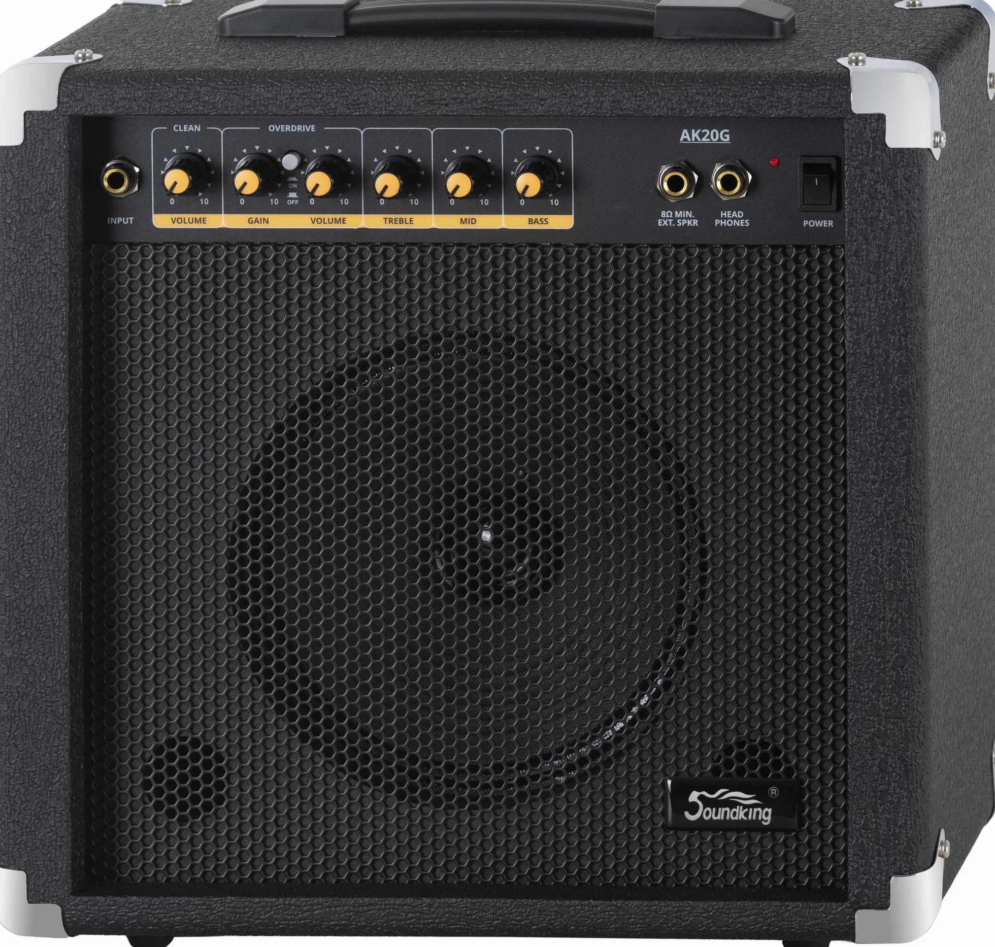 Amplificador Guitarra Soundking AK20-G 60W, Ecualizador 3 Bandas, Altavoz 8", 2 Canales, Salida Auriculares y Altavoz, Ideal Principiantes, Esquinas Protectores Extra Resistentes.