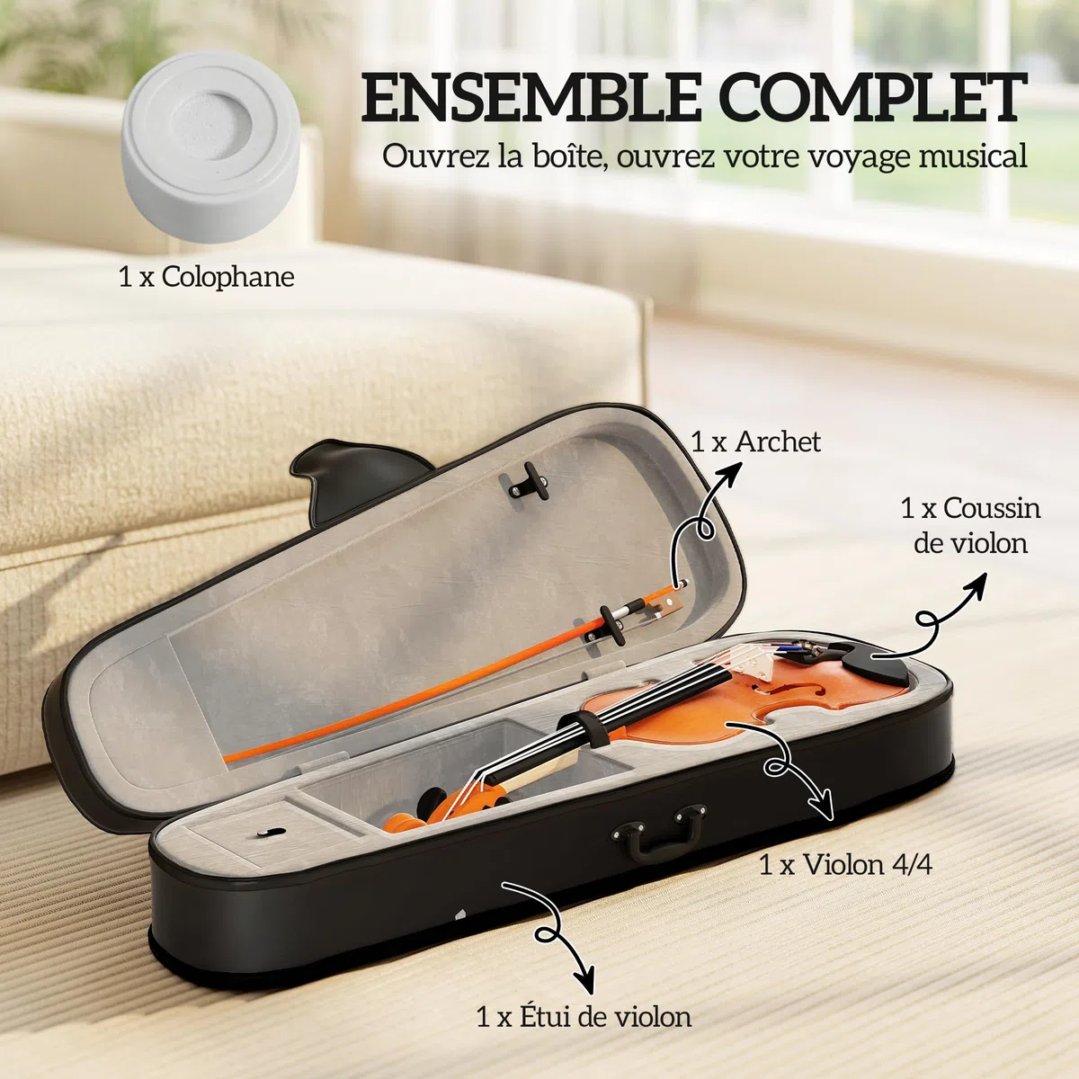 HOMCOM Violín 4/4, juego de violín de madera maciza para adultos y principiantes, con estuche ligero y portátil, arco, colofonia, puente y bandolera, marrón