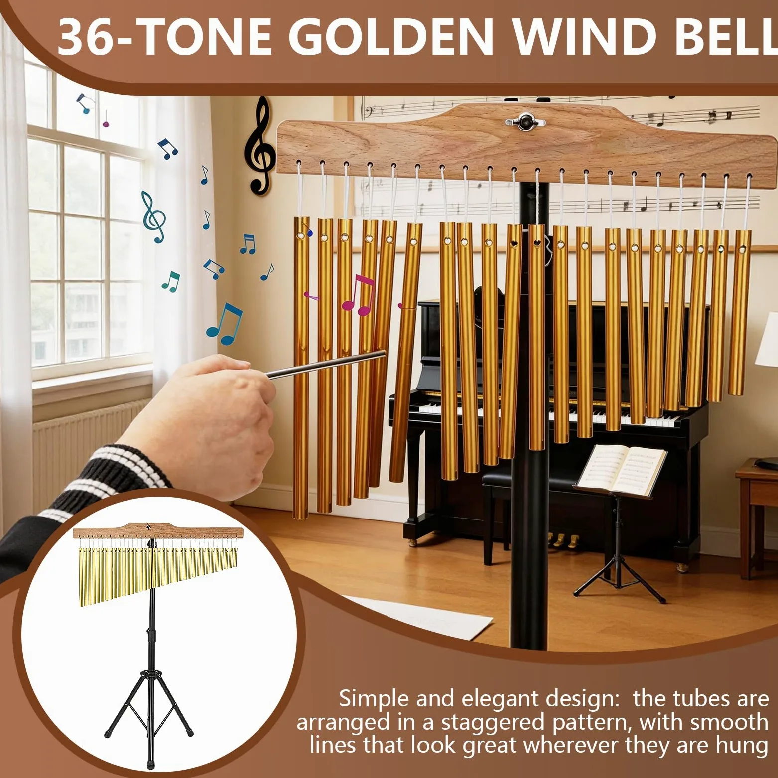 Bar Chimes 36 Tonos, Cortinilla de Percusión con Soporte Ajustable 72-115cm Campanas de Viento Profesionales de Aluminio con Marco de Madera y Baqueta para Banda Escuela Estudio Meditación