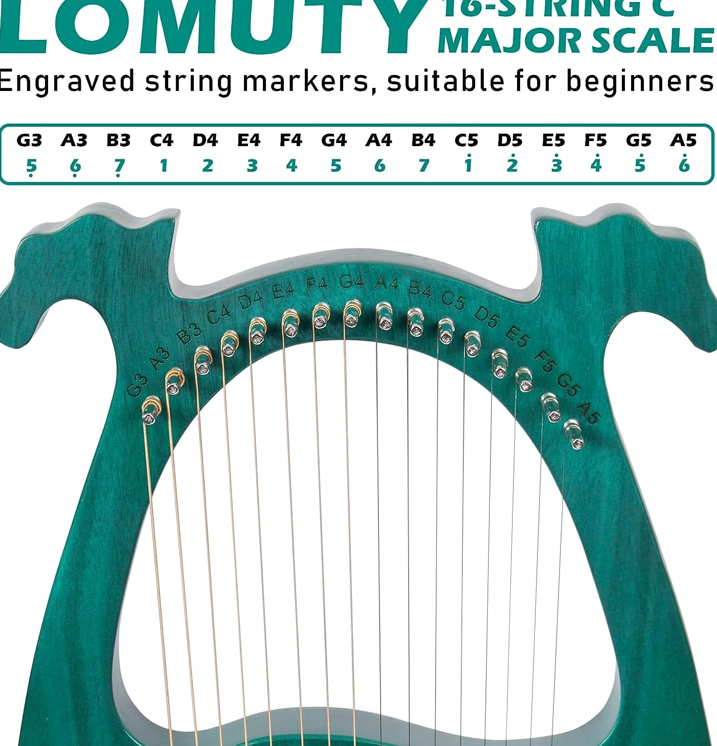 Arpa Lira de 16 Cuerdas Arpa de Madera Lyre Harp con llave de Afinación y Bolsa Negra instrumento lira, Verde, Cornamenta
