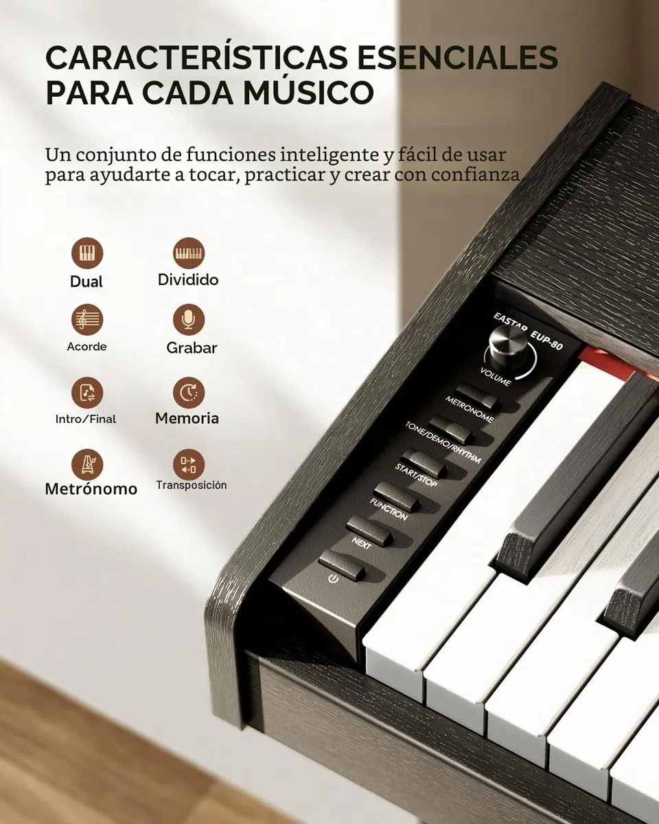 Eastar EUP-80 Piano Digital 88 Teclado Sensible a la Velocidad, Teclado de Piano Eléctrico de Tamaño Completo para Principiantes, Teclado Vertical Piano Paquete Soporte de Música, Pedal y Auriculares
