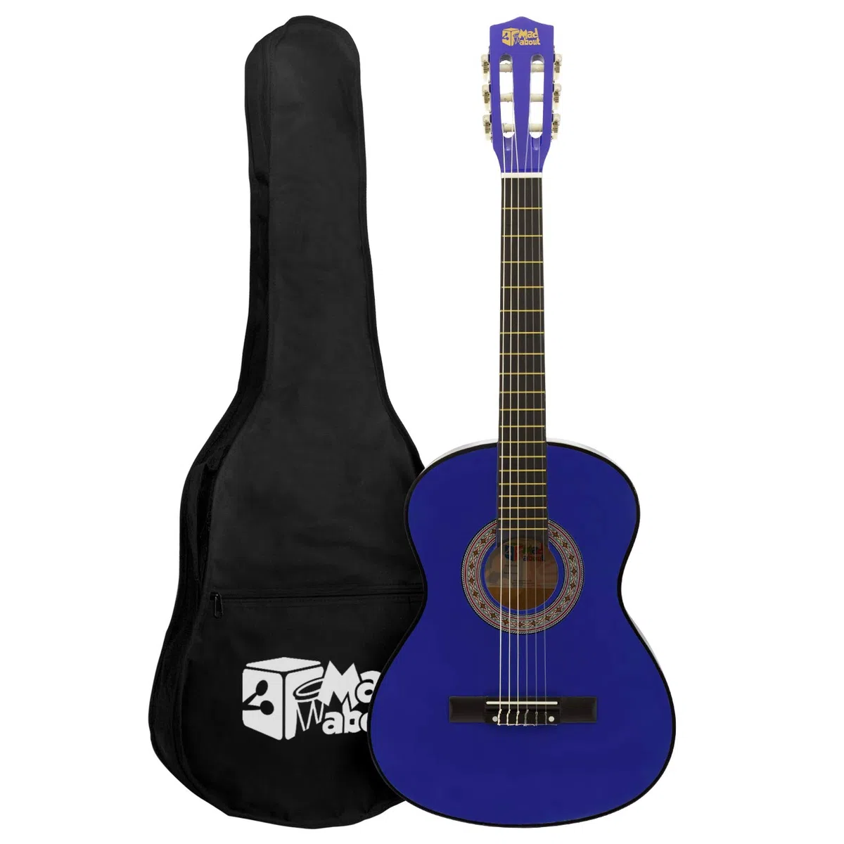 Mad About MA-CG02 Guitarra Clásica Azul Tamaño 3/4 Guitarra Española Colorida con Bolsa de Transporte, Correa, Púa y Cuerdas de Repuesto - Ahora con 6 Meses Lecciones Incluidas