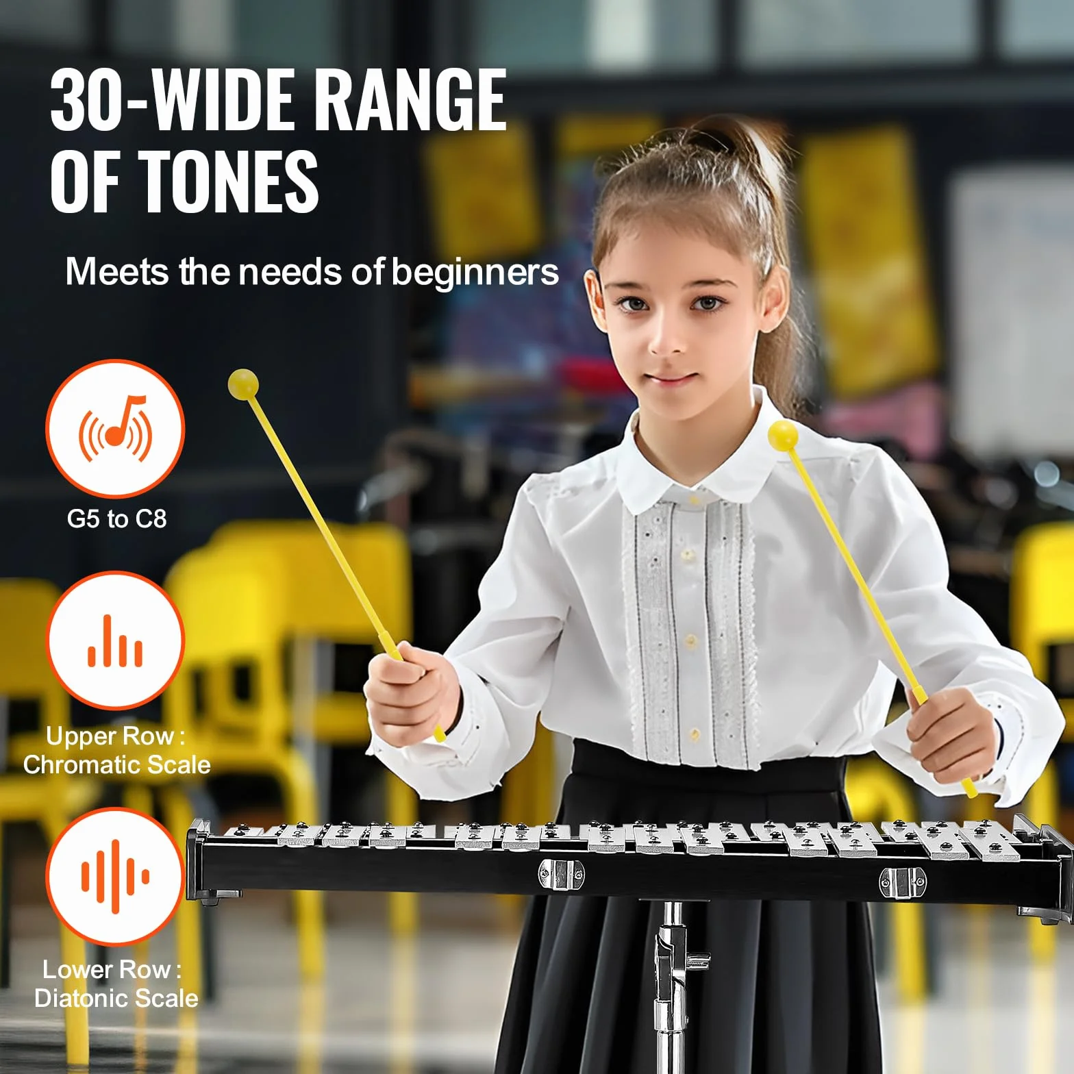 VEVOR Kit de Campana de Xilófono Glockenspiel de 30 Notas Instrumento de Percusión con Mazos, Baquetas, Atril, Almohadilla de Práctica, Soporte Ajustable y Bolsa de Transporte para Estudiante, Adulto