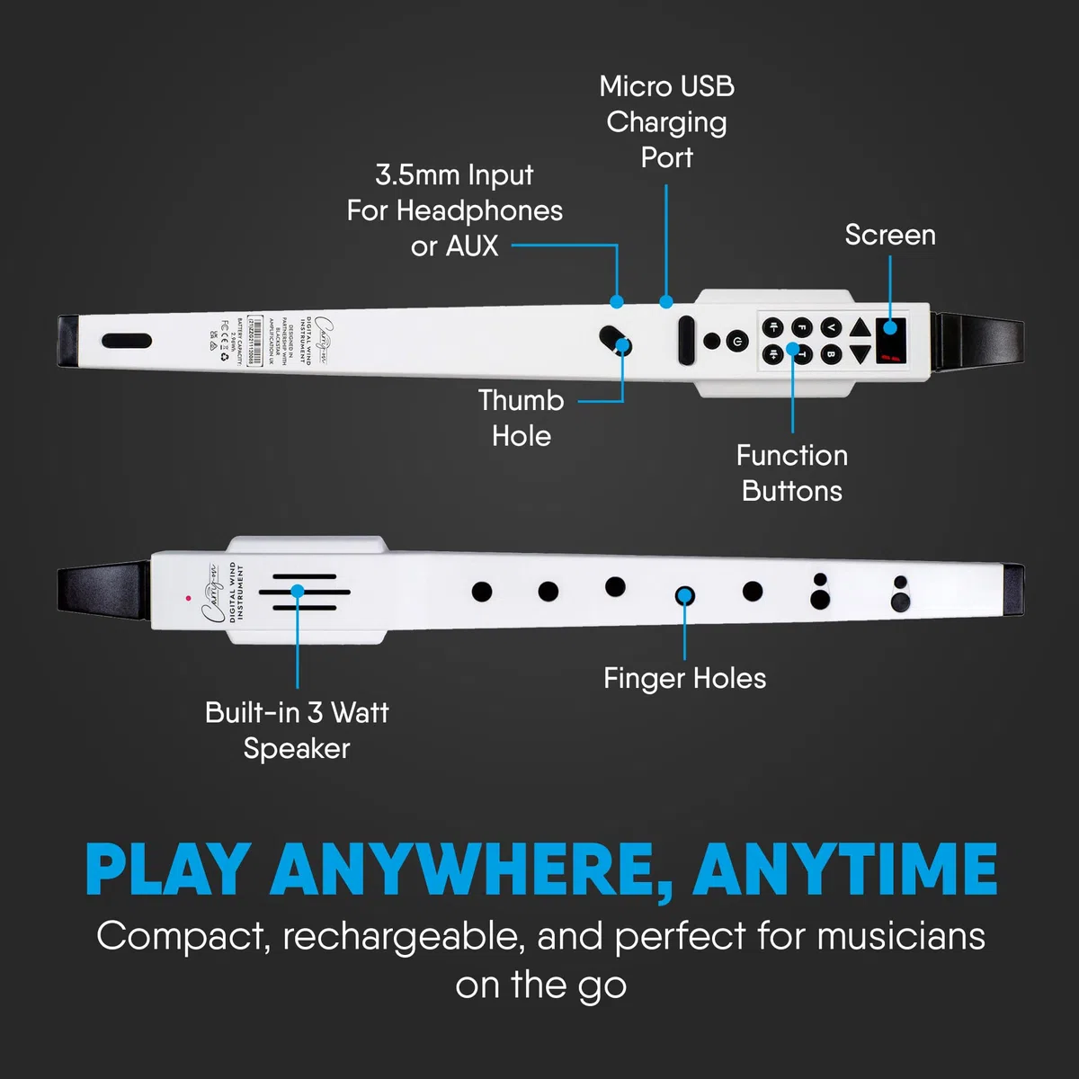 BLACKSTAR Carry-on by Digital Wind Instrument White - 10 voces, batería recargable USB incorporada, salida de auriculares para practicar en silencio, Midi sobre Bluetooth