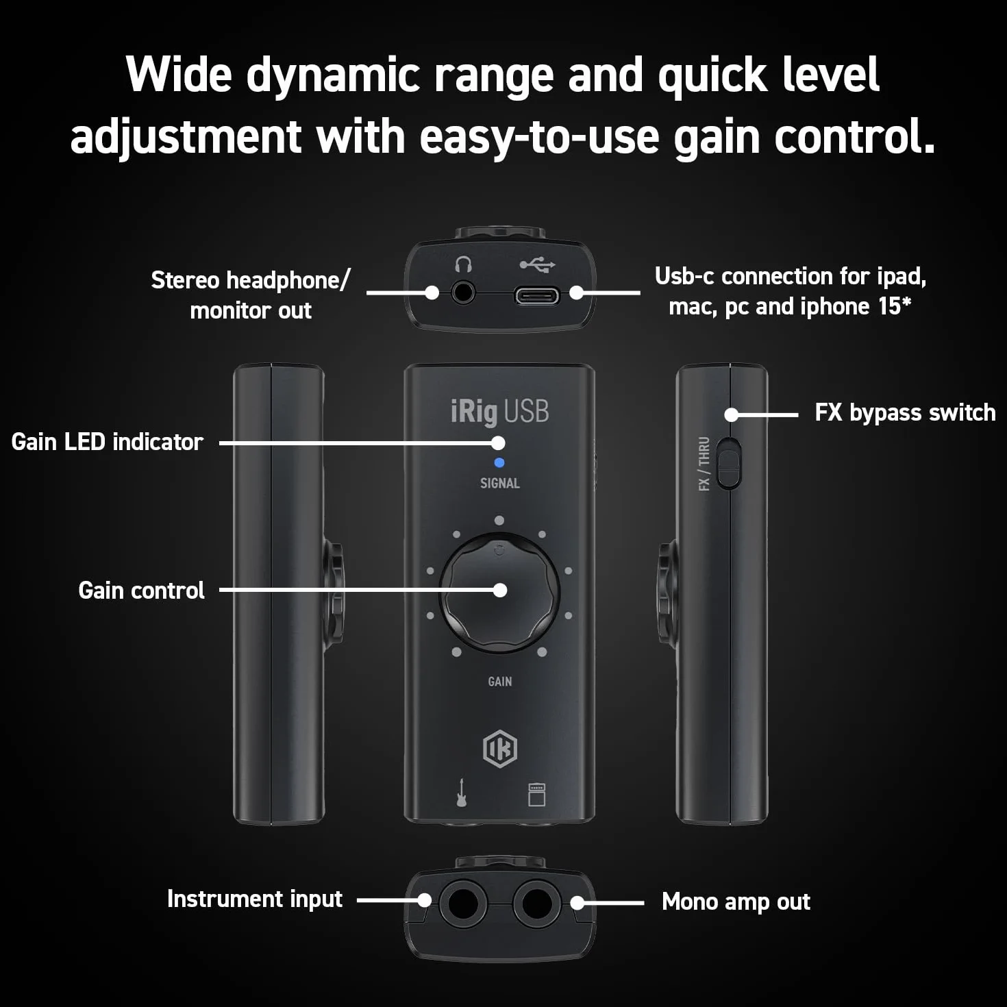 IK Multimedia iRig - Interfaz USB de audio para guitarra, equipo de estudio de grabación de música de 24 bits y 48 kHz, incluye cable USB C para iPad, Mac y PC, accesorios de guitarra, dispositivo de