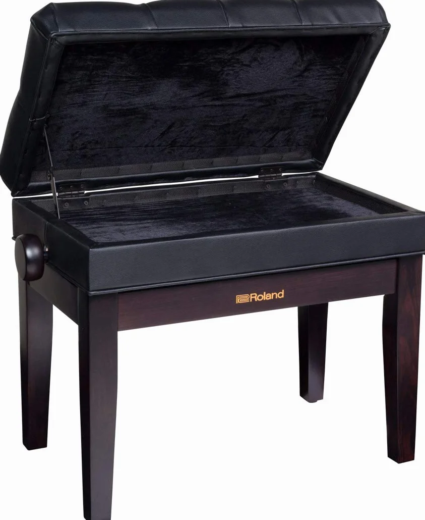 Banco de piano de Roland en negro pulido con asiento de vinilo y compartimento para partituras - RPB-500PE