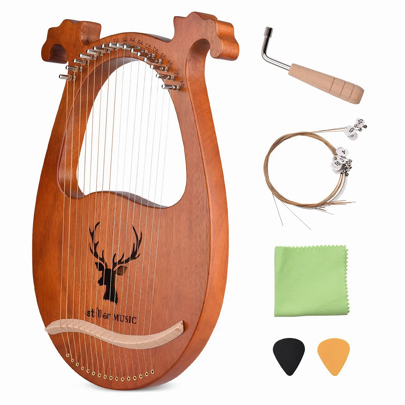 Jeffergarden Arpa de Lira de 16 Cuerdas, Instrumento Musical de Madera Maciza con Patrón de Alce, Símbolos Fonéticos Tallados, Martillo de Afinación y Juego de Repuesto de Cuerdas, para