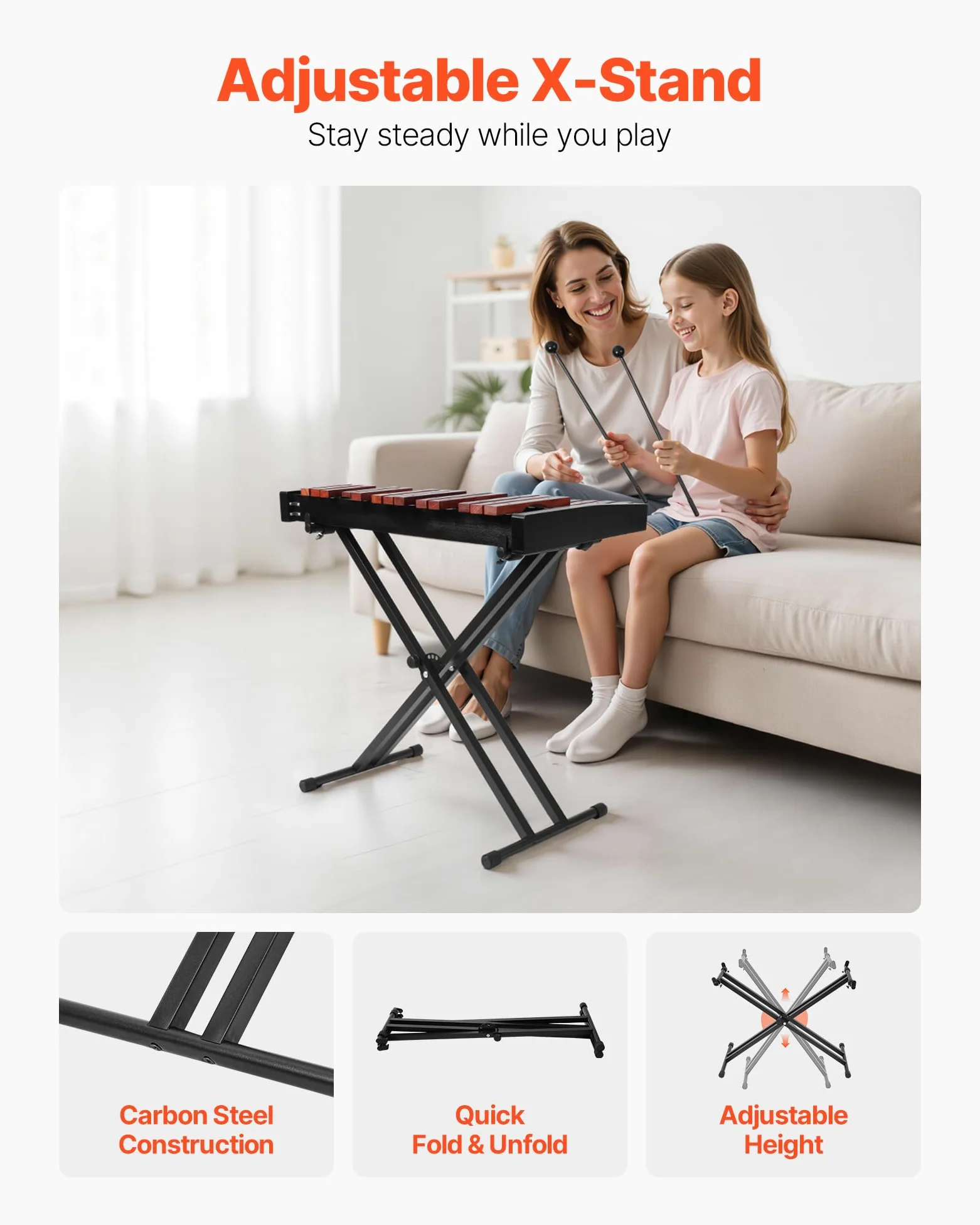 VEVOR Xilófono Glockenspiel 32 Notas, Instrumento de Percusión Profesional de Madera, con Soporte de Altura Ajustable 320–950 mm, 4 Mazos y Bolsa de Transporte, para Principiantes, Amplio Rango