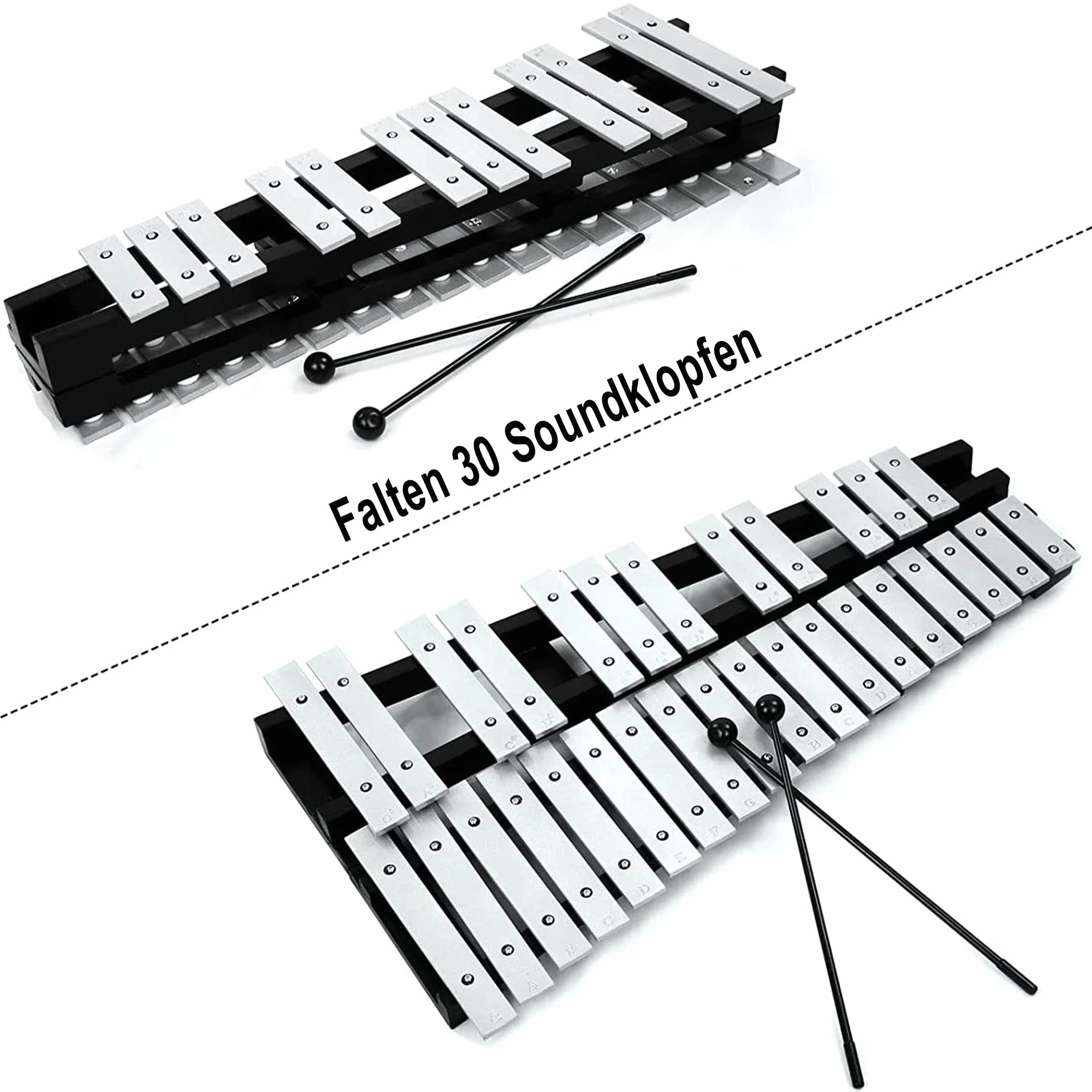 OUUTMEE metalofono Carillón de aluminio, 30 notas, xilófono, barras con 2 baquetas, soporte con maletín de almacenamiento