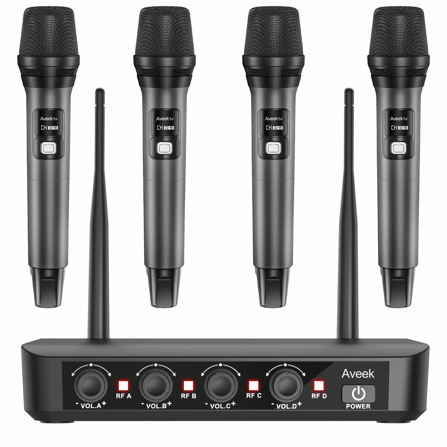 Aveek Sistema de Micrófono Inalámbrico con 4 Micrófonos de Mano Dinámicos, Alcance 80m, Batería 40 Horas, Sonido Estudio Baja Latencia para Karaoke, Canto, Discurso, Iglesia, Escenario, Boda, DJ