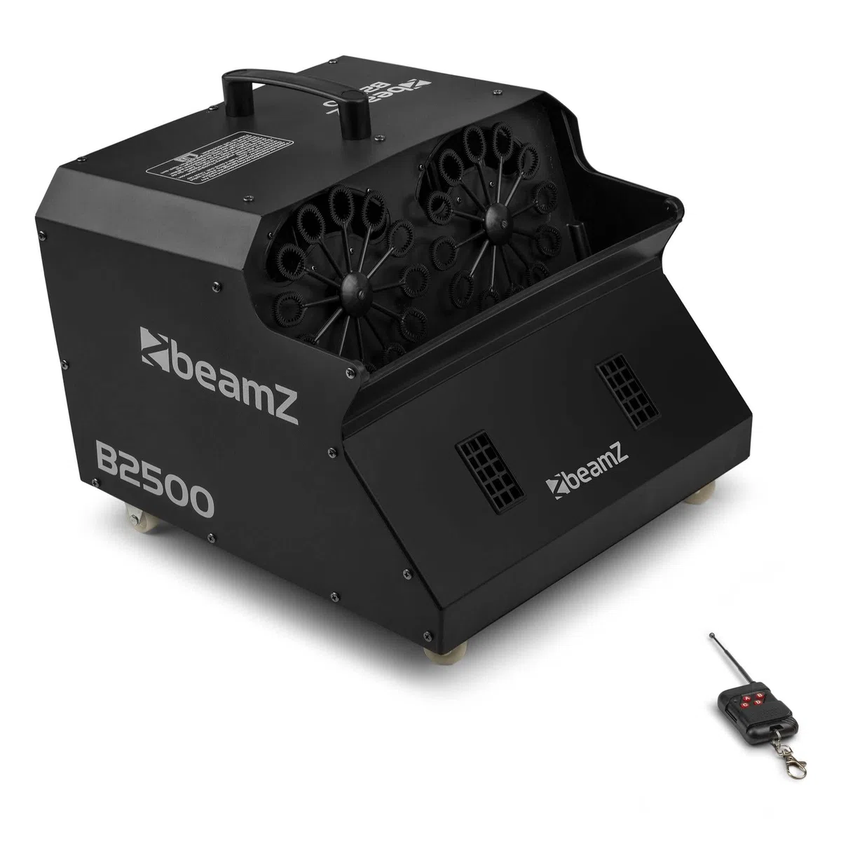Beamz B2500 Maquina de burbujas Doble Pompero con mando a distancia para burbujas de jabón grandes (2 ruedas de burbujas, 2 potentes sopladores, funcionamiento a la red eléctrica) Bubble machine