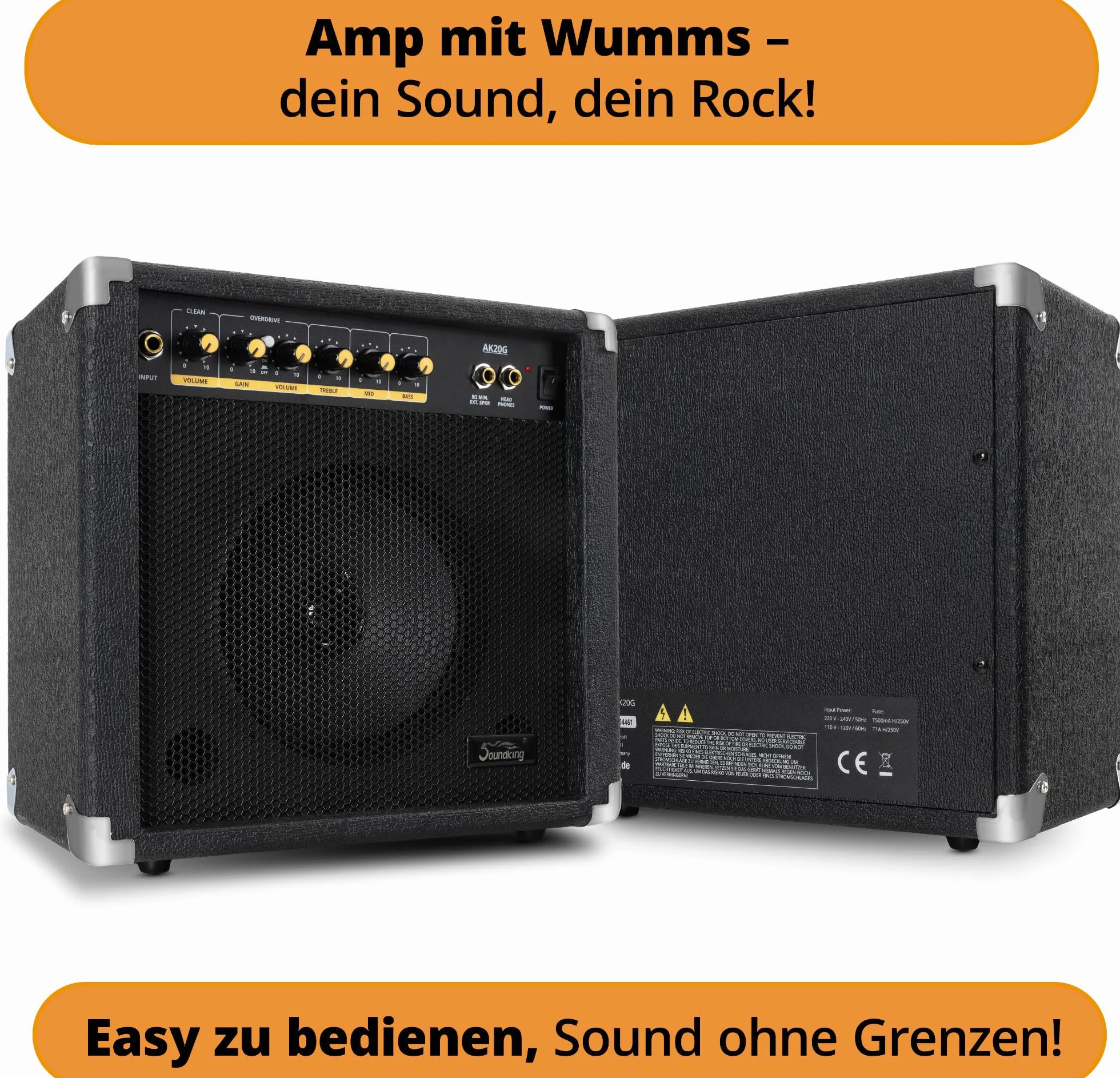 Amplificador Guitarra Soundking AK20-G 60W, Ecualizador 3 Bandas, Altavoz 8", 2 Canales, Salida Auriculares y Altavoz, Ideal Principiantes, Esquinas Protectores Extra Resistentes.