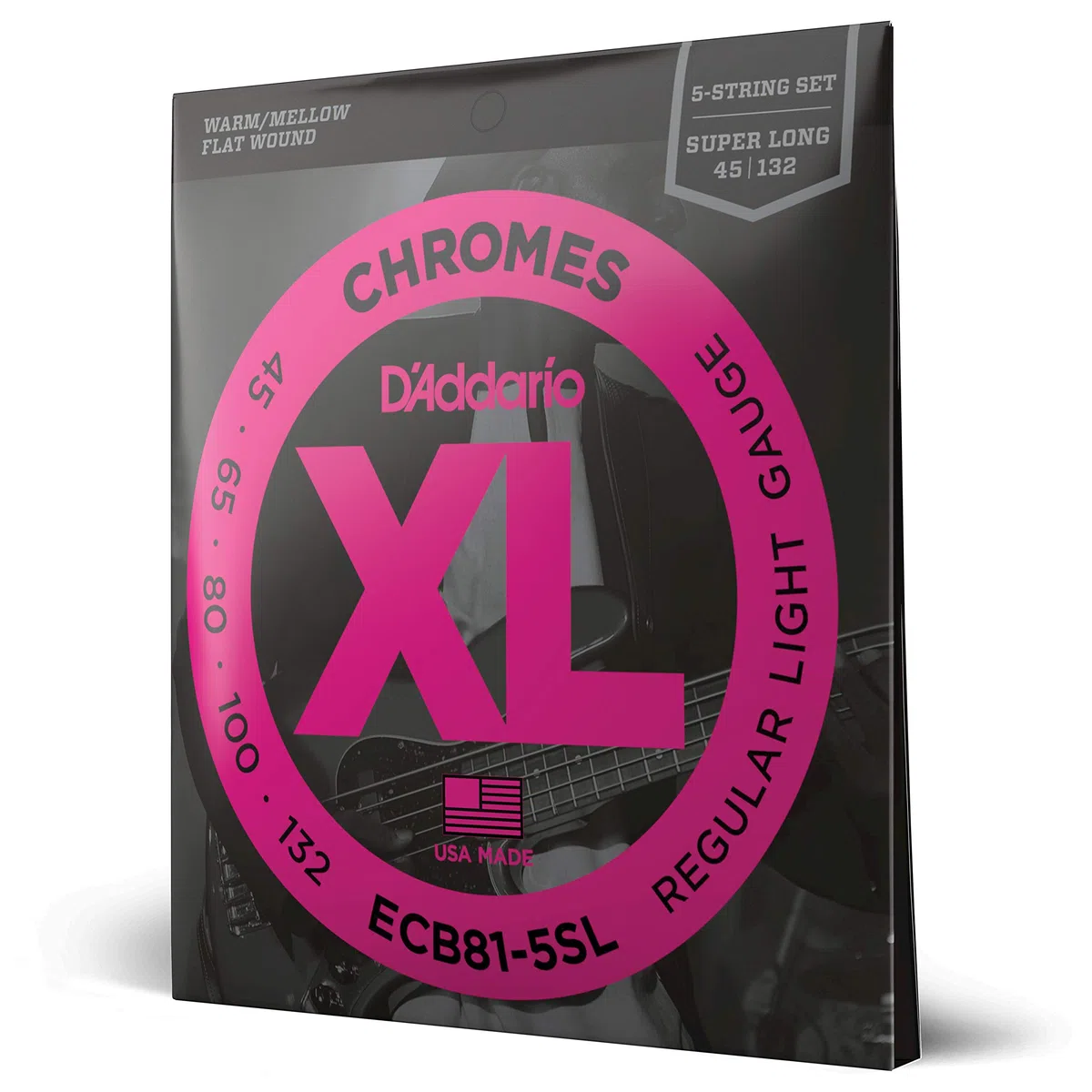 Cuerdas D'Addario para guitarra baja, XL Chromes Flat Wound, ECB81-5SL, calibre normal ligero 45-132, escala superlarga, juego de 5 cuerdas, paquete de 1