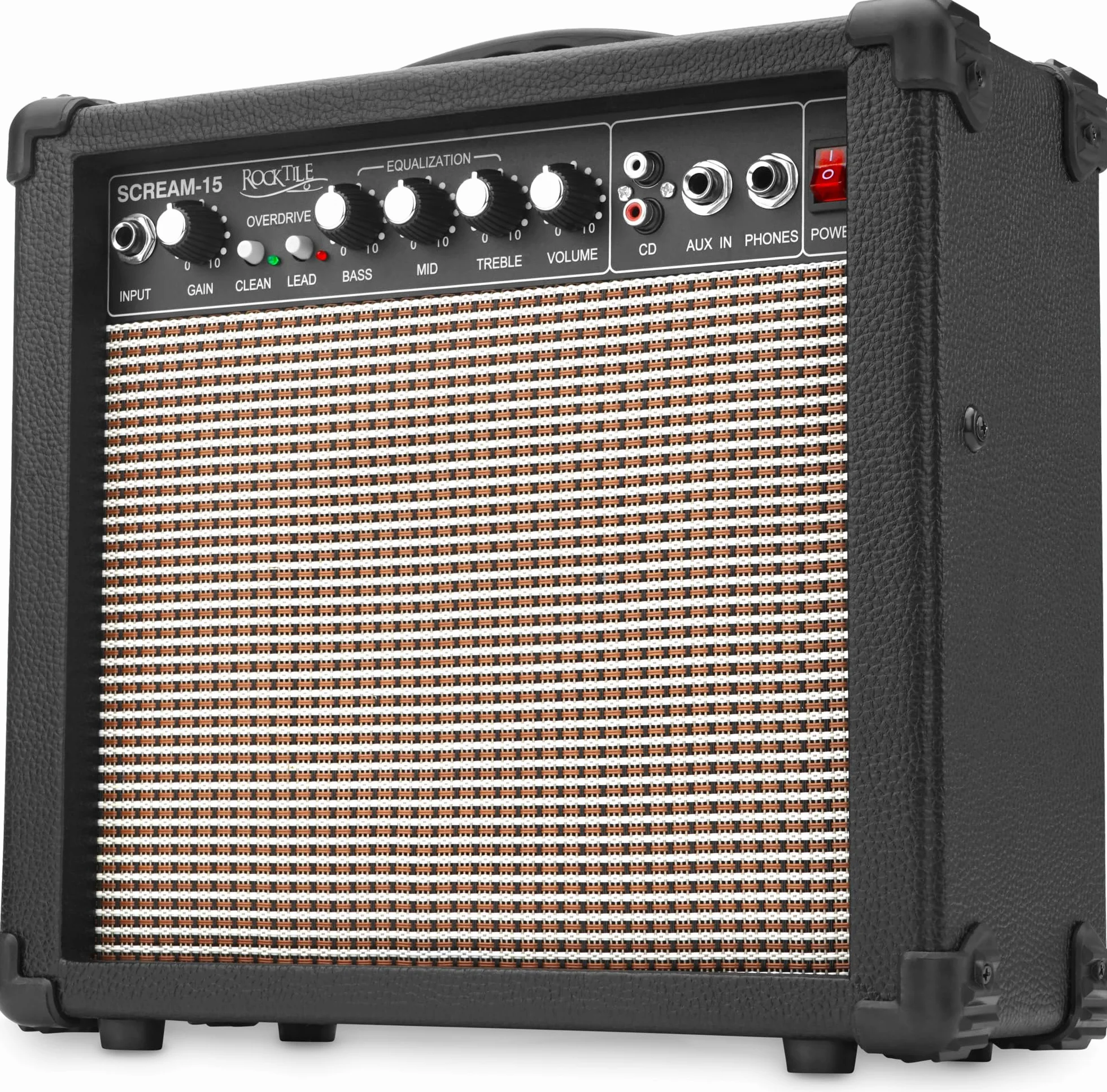 Amplificador Mini Combo Rocktile Scream 15 (15 Vatios, 2 Canales, Portátil, Entrada AUX para MP3/CD, Ecualizador De 3 Bandas, Salida para Auriculares)
