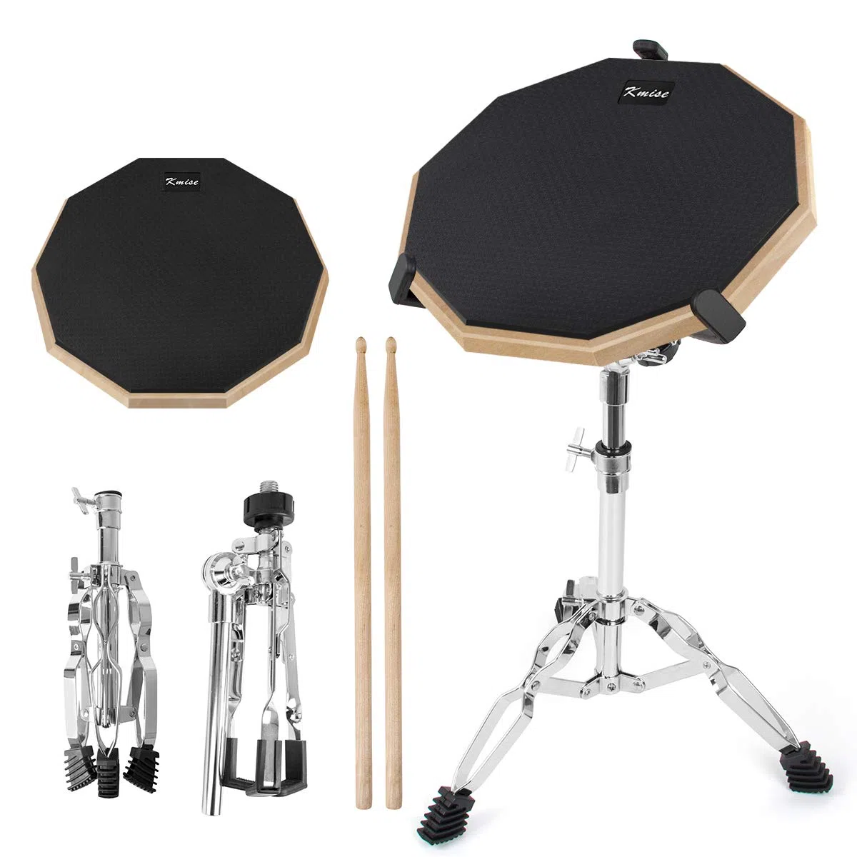 Kmise - Kit de entrenamiento de batería con soporte de caja y palillos (30,5 cm, silencio de doble cara, con soporte y palillos